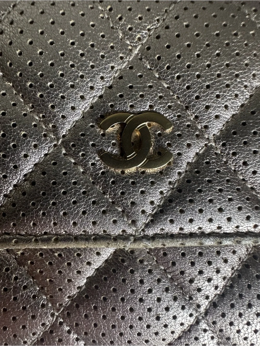 CHANEL Metallic Champagne Perforated Quilted Long Wallet + Unbranded WOC Kit